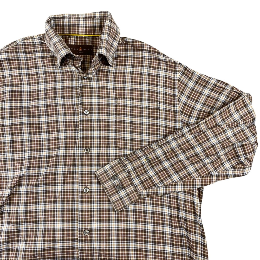 Robert Talbott Shirt Mens Large Brown Blue Plaid Classic Fit Cotton Button Down